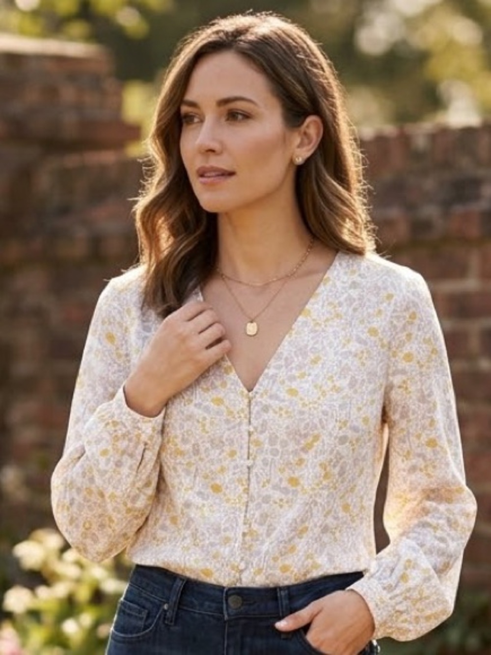 Rachel Zoe Cream & Yellow Floral V-Neck Blouse